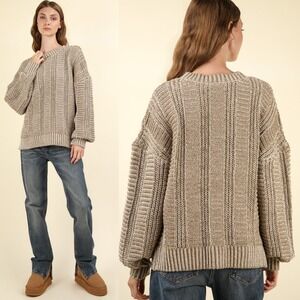 Stitch + Feather Womens Sweater M Brown White Knit Pullover Balloon Sleeve‎ Boho